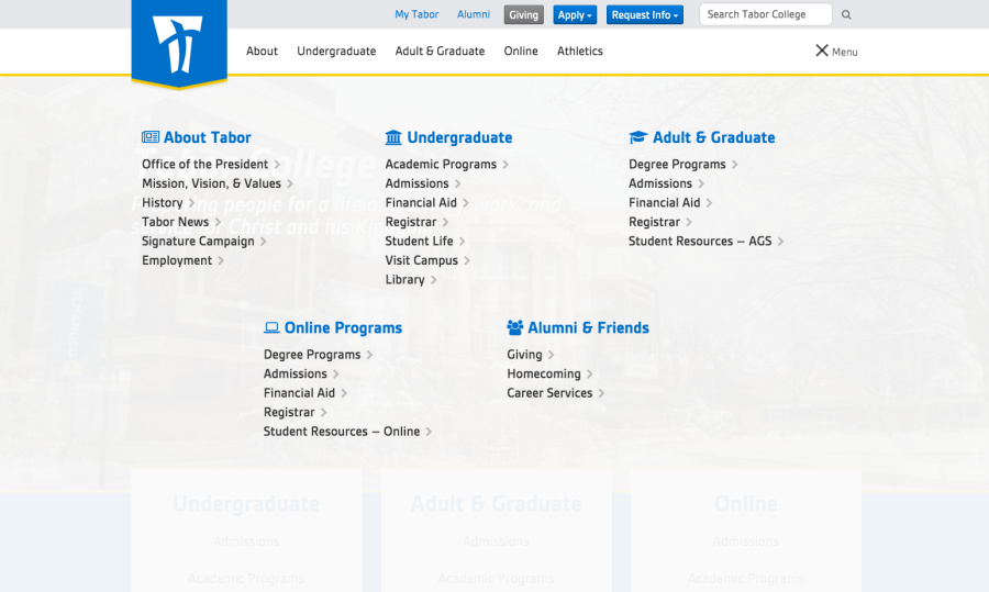 Tabor University Full screen menu